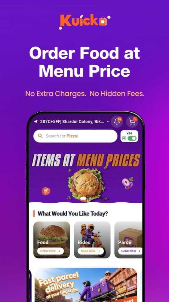 Kuicko home screen — order food at menu price with no extra charges, plus Rides and Parcel.