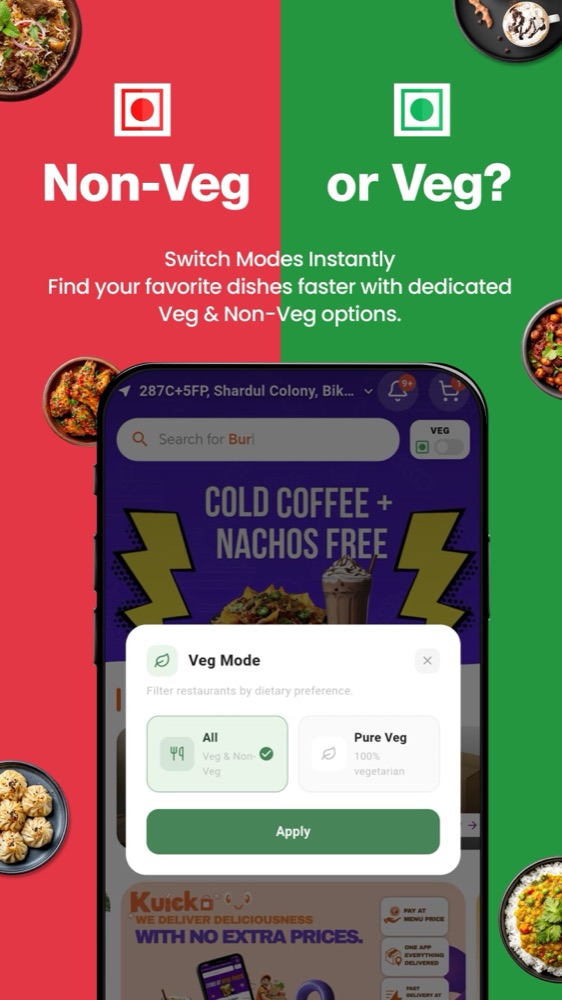 Kuicko Veg Mode — filter the entire app to pure vegetarian restaurants.
